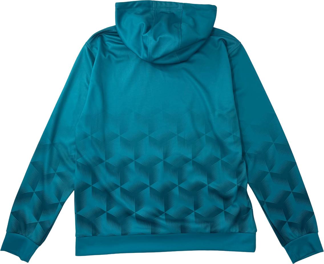 The Yonex YHD7 Unisex Badminton Hoodie in teal is showcased from the back, displaying a geometric cube pattern on the lower half and sleeves. This sports hoodie by Yonex features long sleeves, a solid teal hood and upper section, making it ideal for team apparel or as your essential Yonex badminton hoodie.