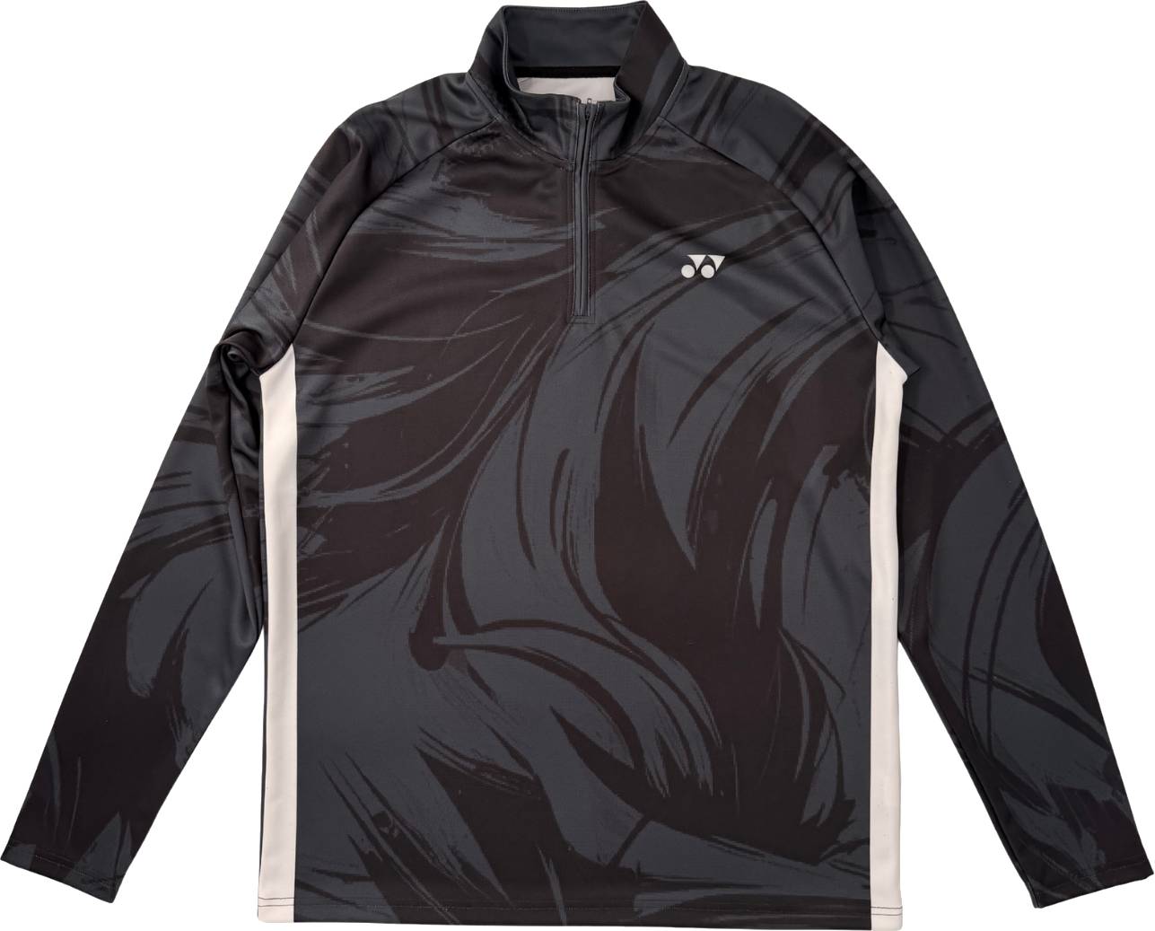 The Yonex YML6 Unisex Badminton Midlayer - Storm is a long-sleeve black and gray pullover with abstract swirl patterns, a quarter zip neckline, and a small white Yonex logo on the chest—ideal for team apparel or individual training.