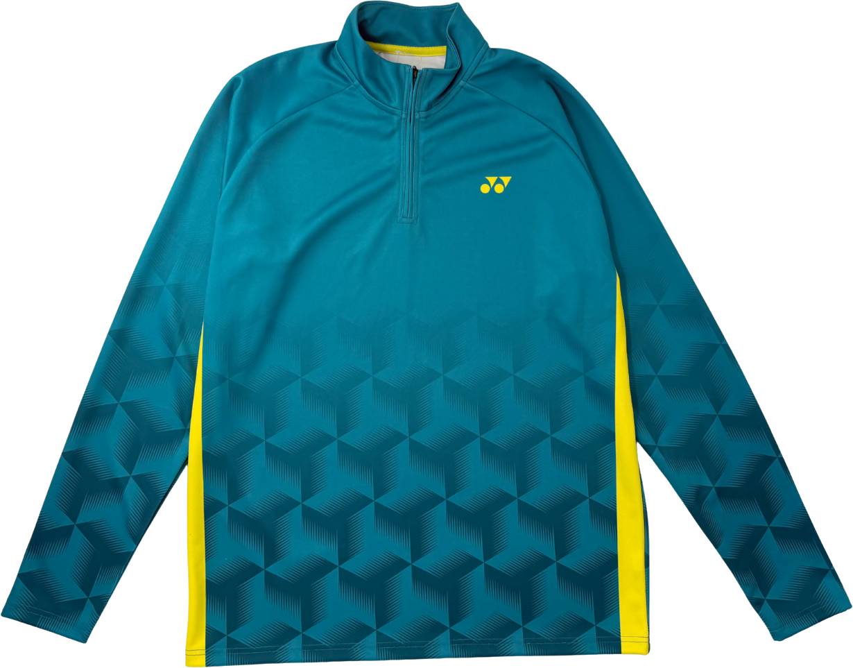 Introducing the Yonex YML7 Unisex Badminton Midlayer in teal—a long-sleeve athletic pullover designed with a geometric cube pattern, yellow side accents, and a convenient quarter zipper. Part of the latest Yonex team apparel collection, this midlayer features the Yonex logo on the chest for a signature touch.