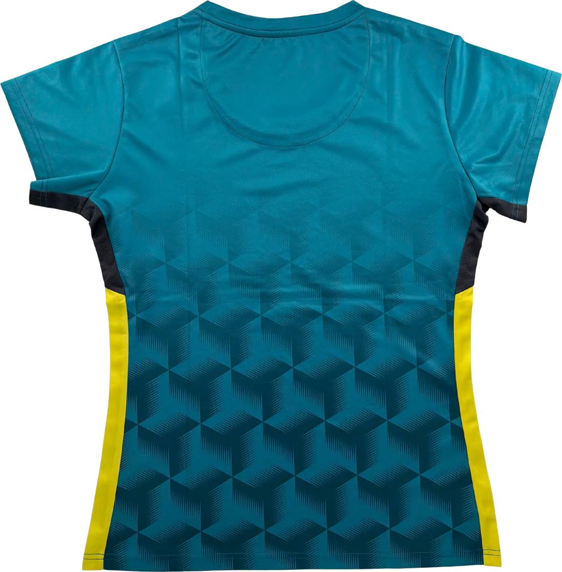 A Yonex YTL12 Women’s Badminton T-Shirt in teal, featuring a geometric cube pattern, black side panels, and yellow stripes along the sides. This Yonex team apparel is designed for women with comfortable short sleeves, shown from the back for active play.