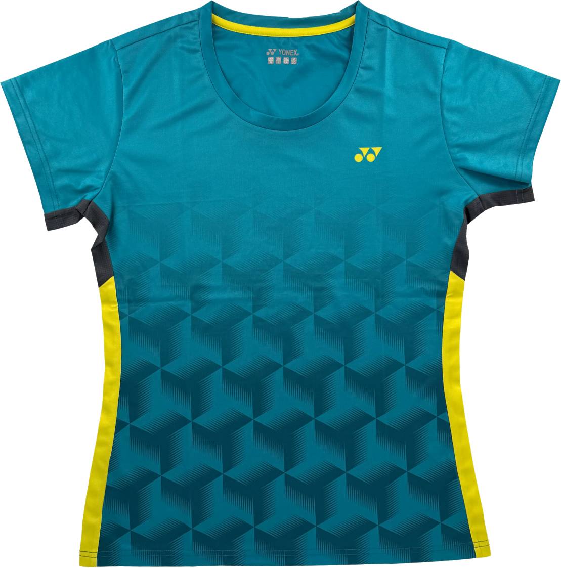 The Yonex YTL12 Women’s Badminton T-Shirt in teal features a geometric cube pattern, yellow side panels, and a small yellow Yonex logo on the left chest—making it ideal team apparel for badminton.