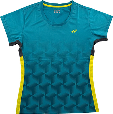 The Yonex YTL12 Women’s Badminton T-Shirt in teal features a geometric cube pattern, yellow side panels, and a small yellow Yonex logo on the left chest—making it ideal team apparel for badminton.
