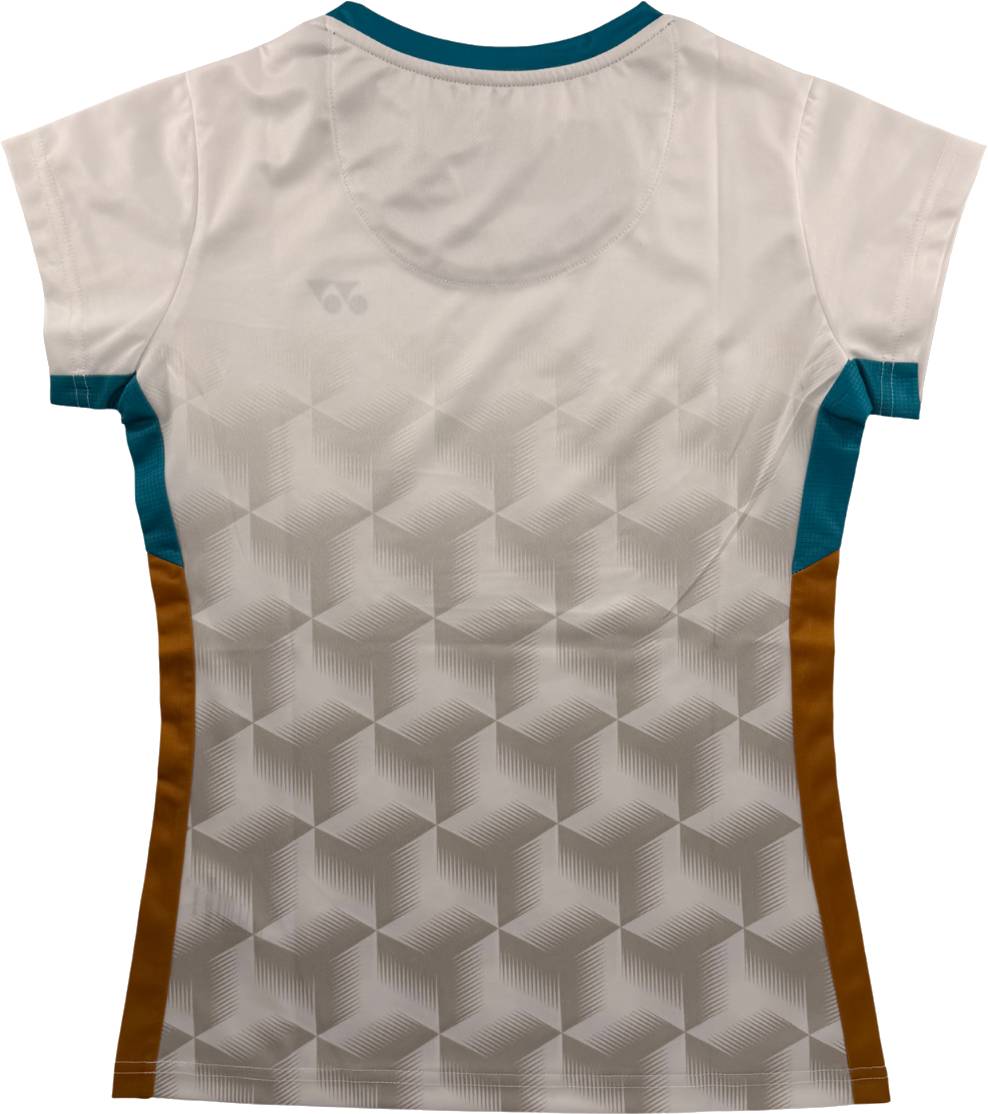 Introducing the Yonex YTL12 Women’s Badminton T-Shirt in White—a stylish short-sleeve shirt featuring teal and brown side panels, along with a subtle gray geometric cube pattern on the lower back. Designed by Yonex, this top showcases a discreet logo near the collar and is perfect for team apparel.