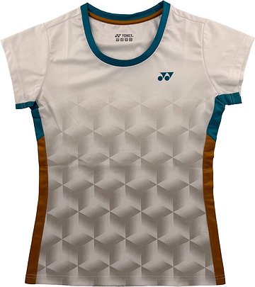 The Yonex YTL12 Women’s Badminton T-Shirt in white features a geometric cube pattern, blue collar and side panels, and stylish brown accents. The Yonex logo appears on the left chest, making this Yonex team apparel a perfect addition to any women’s badminton t-shirt collection.