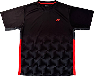Introducing the Yonex YTM12 Men’s Badminton T-Shirt in black, featuring a stylish geometric cube pattern, striking red side panels, and a subtle red Yonex logo on the left chest—ideal for fans of premium Yonex team apparel.