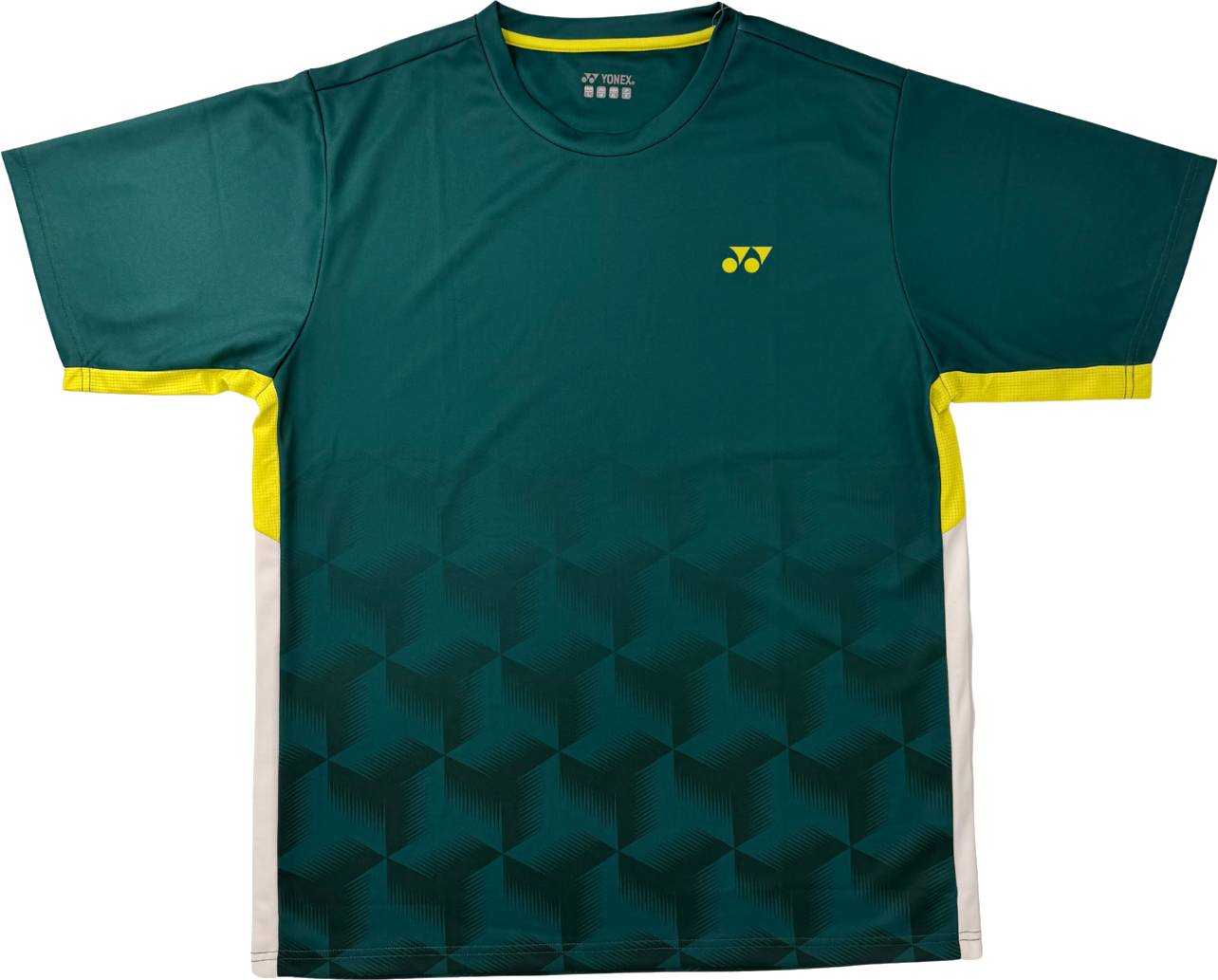 The Yonex YTM12 Men’s Badminton T-Shirt in Dark Teal is a short-sleeve shirt featuring a geometric pattern, with yellow accents on the sides and inside sleeves, and a small yellow logo on the left chest. Part of the Yonex team apparel collection, this shirt combines style and performance for badminton players.