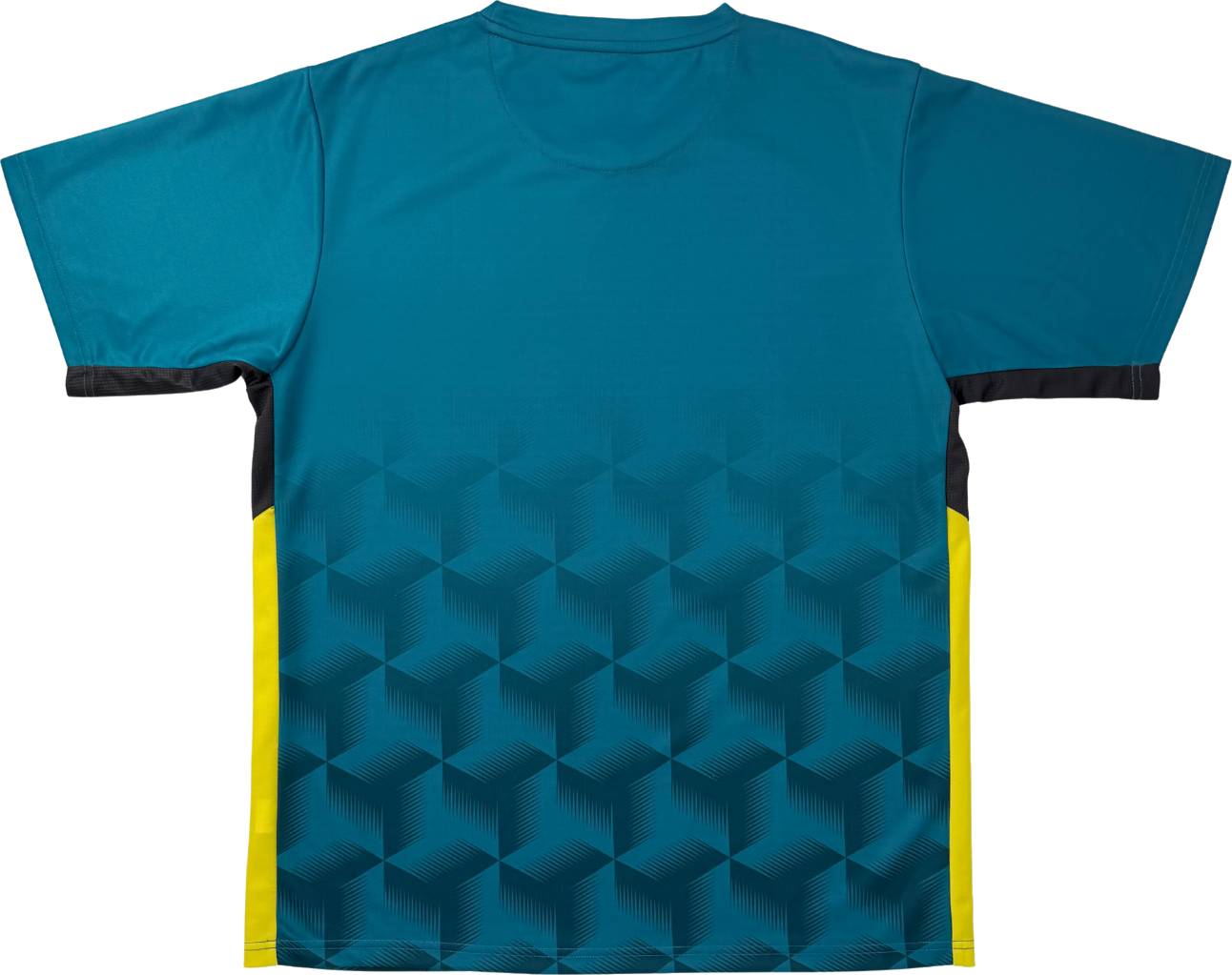 The Yonex YTM12 Men’s Badminton T-Shirt in teal, from Yonex, features a subtle geometric cube pattern on the lower back and bright yellow side panels. Shown laid flat from the back, this short sleeve shirt is perfect for stylish team apparel.