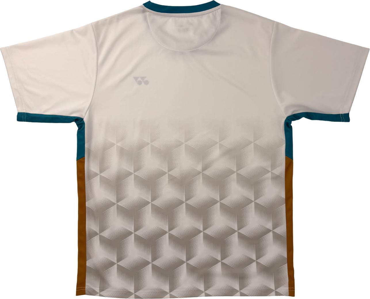 The Yonex YTM12 Men’s Badminton T-Shirt in white features a cream and beige geometric cube pattern on the back, dark teal collar and sleeve edges, and brown side panels—making it the ideal Yonex badminton team apparel.