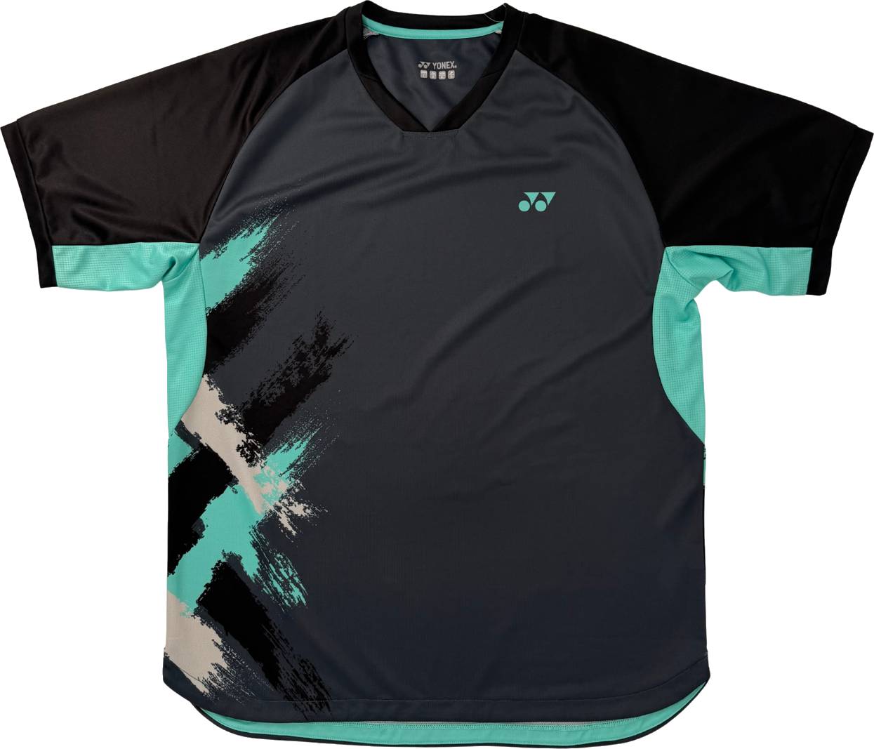 The Yonex YTM13 Men’s Badminton T-Shirt - Storm is a black and teal short sleeve sports shirt, featuring a turquoise and beige abstract brushstroke design on the front and a small Yonex logo on the chest. Ideal for team apparel, this Yonex t-shirt delivers both style and performance whether you’re on or off the court.