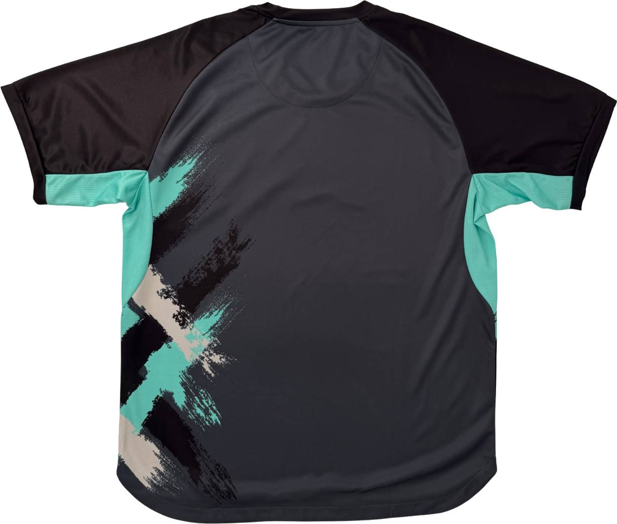 The Yonex YTM13 Men’s Badminton T-Shirt - Storm features short sleeves in dark gray and black, accented by teal and beige paintbrush-style streaks across the lower back—making it a perfect addition to your team apparel collection.