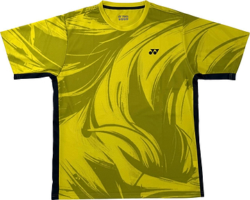 The Yonex YTM14 Mens Badminton T-Shirt in lime features bold, abstract black brushstroke patterns and black side panels, highlighted by a small black Yonex logo on the left chest—a stylish and high-performance men’s short sleeve team shirt designed for badminton.