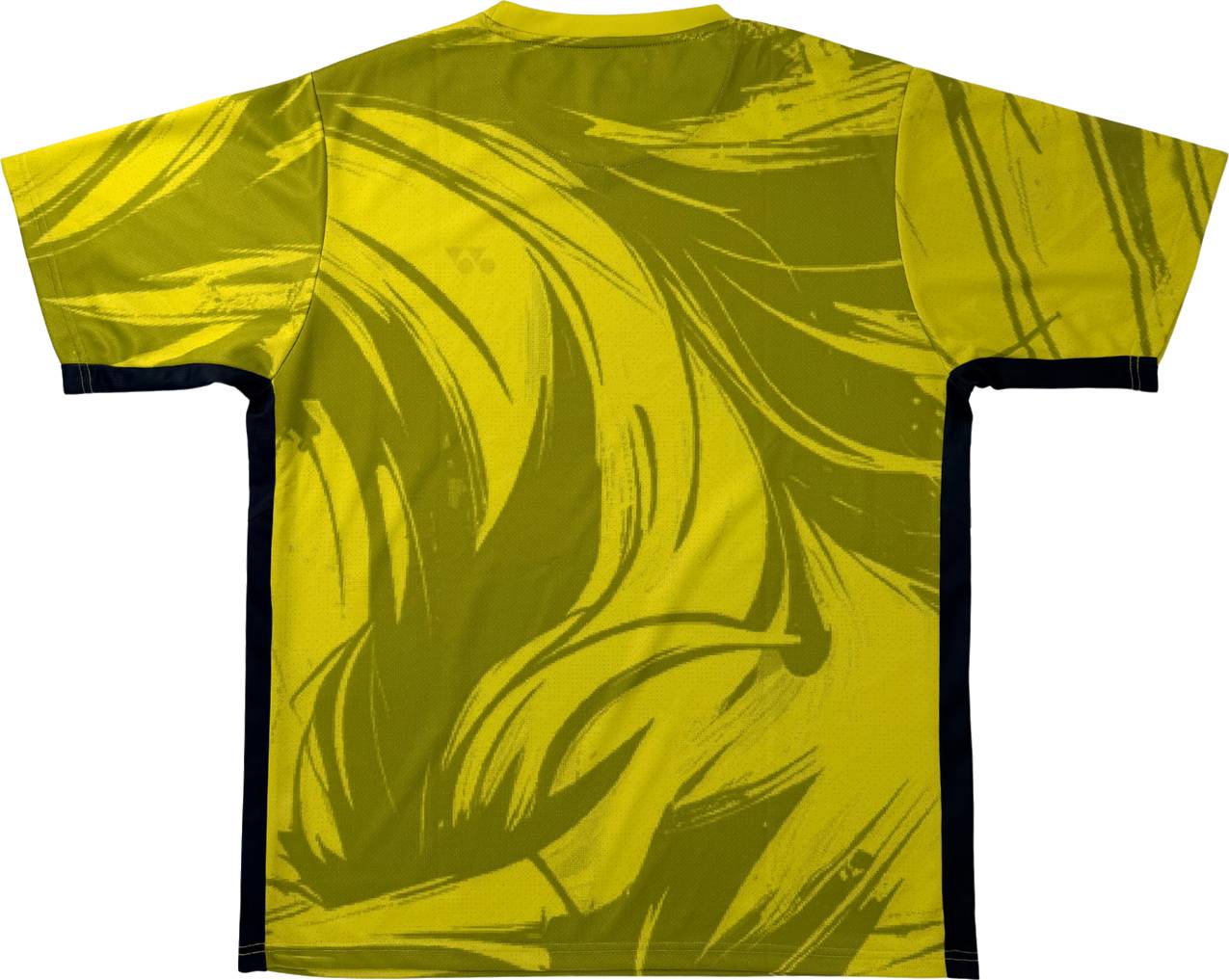 The Yonex YTM14 Mens Badminton T-Shirt in Lime features bold, swirling dark yellow and black abstract patterns with sleek black side panels and sleeves—an ideal men’s short sleeve team apparel choice for standout on-court style.