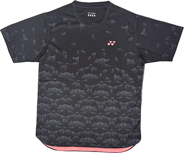 The Yonex YTM2025B Men's Badminton T-Shirt in black features a subtle geometric pattern, rounded neckline, small pink Yonex logo on the left chest, and pink fabric lining inside the bottom hem.