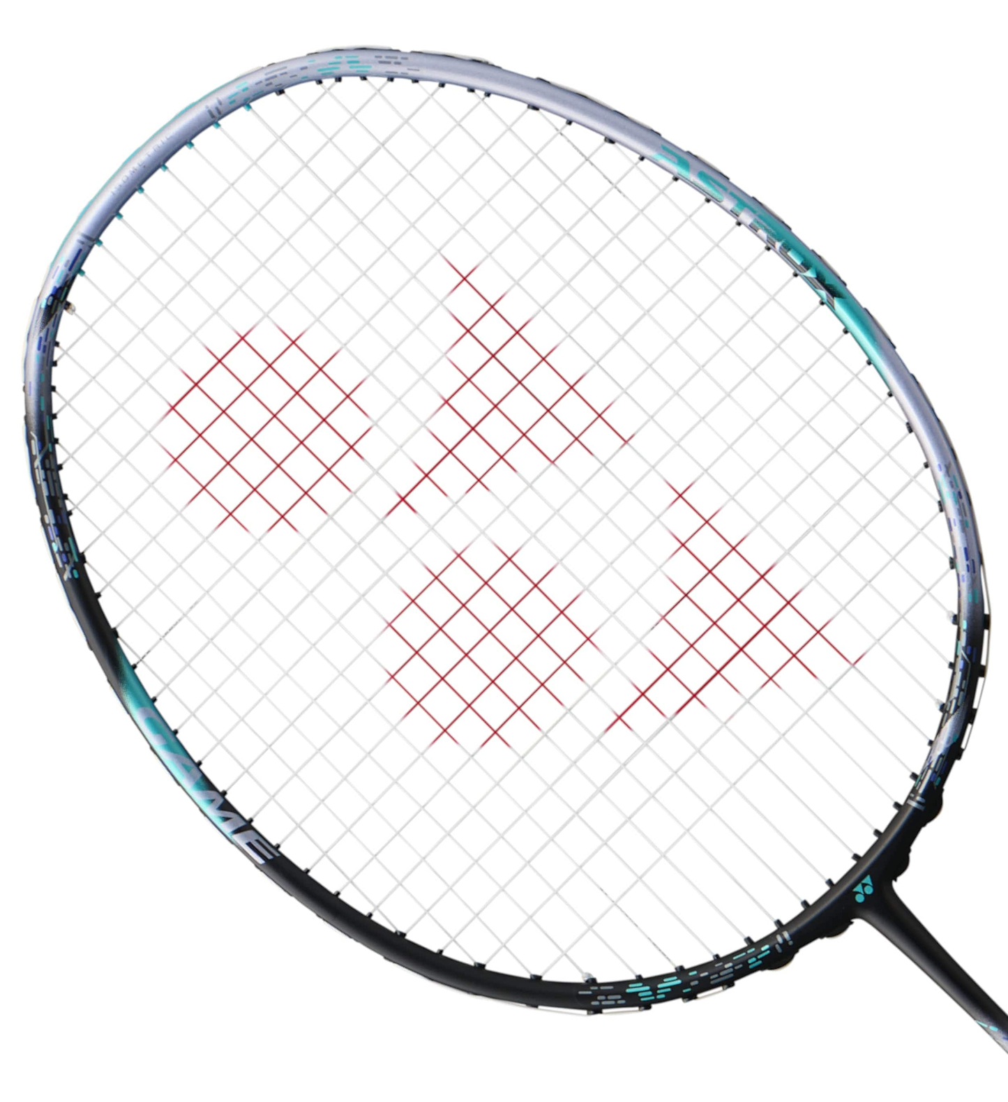 Close-up of a Yonex Astrox 88D Game 4U Gen 3 2024 badminton racket showcasing red diagonal patterns on the strings. The frame is black with subtle silver accents, delivering an exceptional blend of power and control for every swing.
