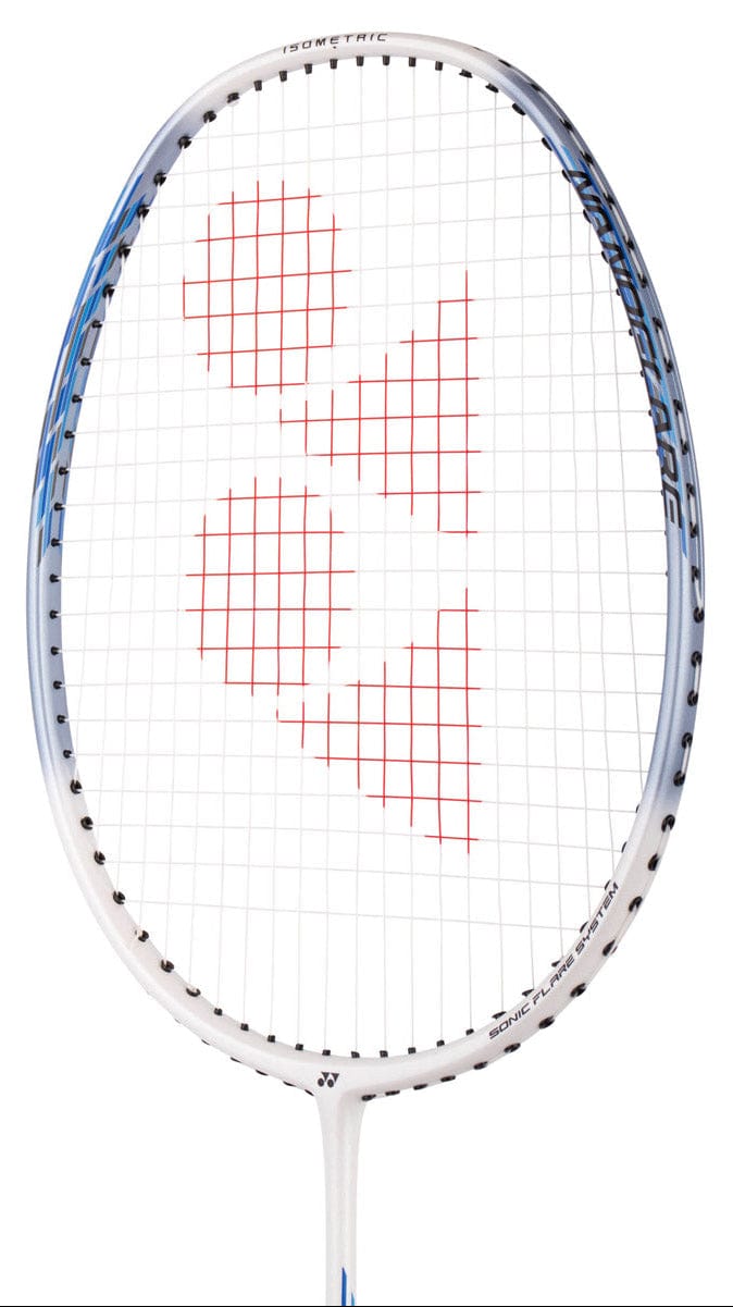 The Yonex Nanoflare 001 Clear 5U Badminton Racket in White/Sax features a head-light balance, red strings forming three circles and a triangle, blue and black frame accents, and a visible Yonex logo on the string bed.