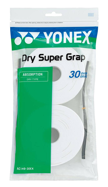 The Yonex AC149-30EX Dry Super Grap Badminton Overgrip (30 Pack) in white is a high-performance Yonex overgrip featuring "Absorption" and "Dry Type" properties, making it an ideal choice for badminton players seeking reliable grip and comfort.