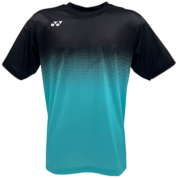 The Yonex YTM5 Men's Badminton T-Shirt is crafted from moisture-wicking polyester, featuring a black upper half that transitions into a teal lower half with a dotted gradient effect. It includes a small white logo on the left chest.