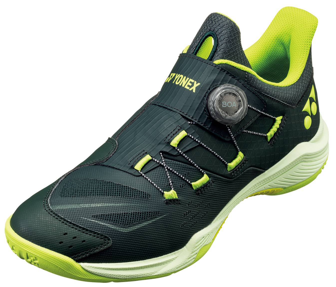 The Yonex Power Cushion 88 Dial 3 Unisex Badminton Shoes in Deep Green feature the innovative BOA Fit System for precise lacing, a low-cut design, breathable mesh texture, and a white sole highlighted by bold green accents.