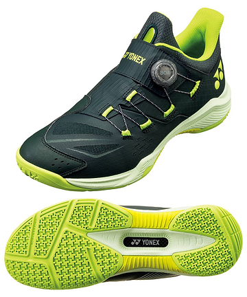 A deep green Yonex Power Cushion 88 Dial 3 Unisex Badminton Shoe featuring the BOA Fit System dial closure, displayed from a side angle with the sole visible to highlight the tread pattern and prominent Yonex branding.