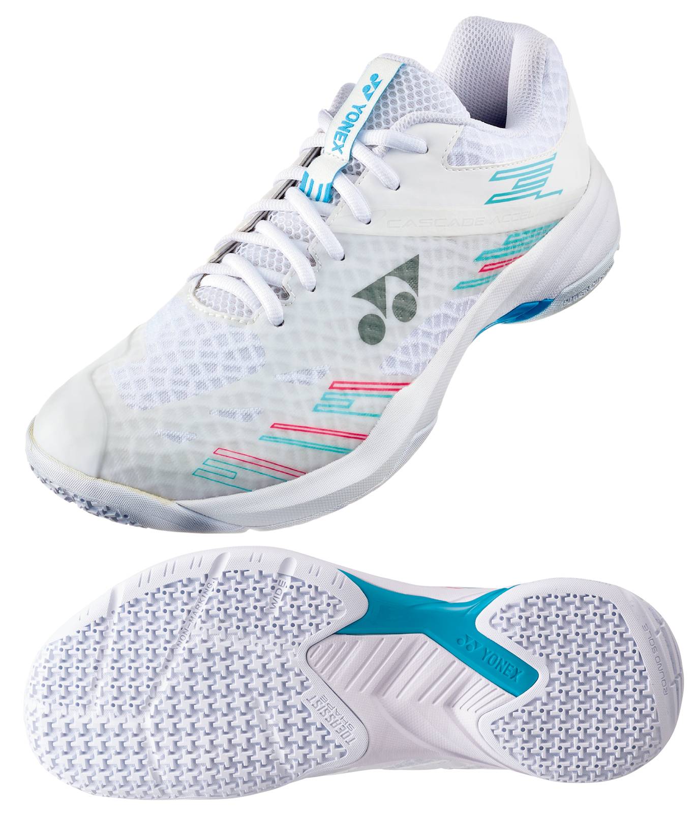 The Yonex Power Cushion Cascade Accel Wide Unisex Badminton Shoes in White and Light Blue feature a wide, athletic design with turquoise and pink accents. Displayed from a side angle alongside their textured grip sole showcasing the iconic blue Yonex Power Cushion logo, these court shoes offer superior stability and comfort for badminton players.