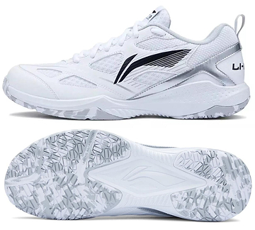The Li-Ning Blast JF-01 Lite Unisex Badminton Shoes in white feature silver and black accents, a lightweight mesh-synthetic build, and a high-traction textured outsole, with “LI-” partly visible on the heel.