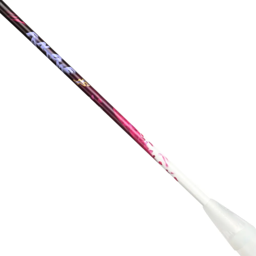 A close-up of a rhythmic gymnastics ribbon stick with a purple-pink to white gradient and white grip, its sleek look reminiscent of the Victor Auraspeed Fantôme AF 4U Badminton Racket by Victor.