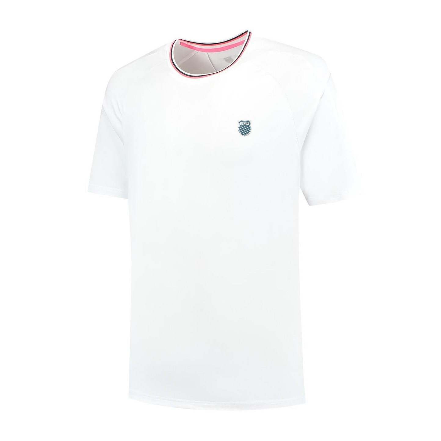 The K-Swiss Hypercourt Mesh Crew 4 Mens Badminton T-Shirt in white features short sleeves, a small blue shield logo on the left chest, and a round neckline with red and black trim—ideal for classic performance sportswear.