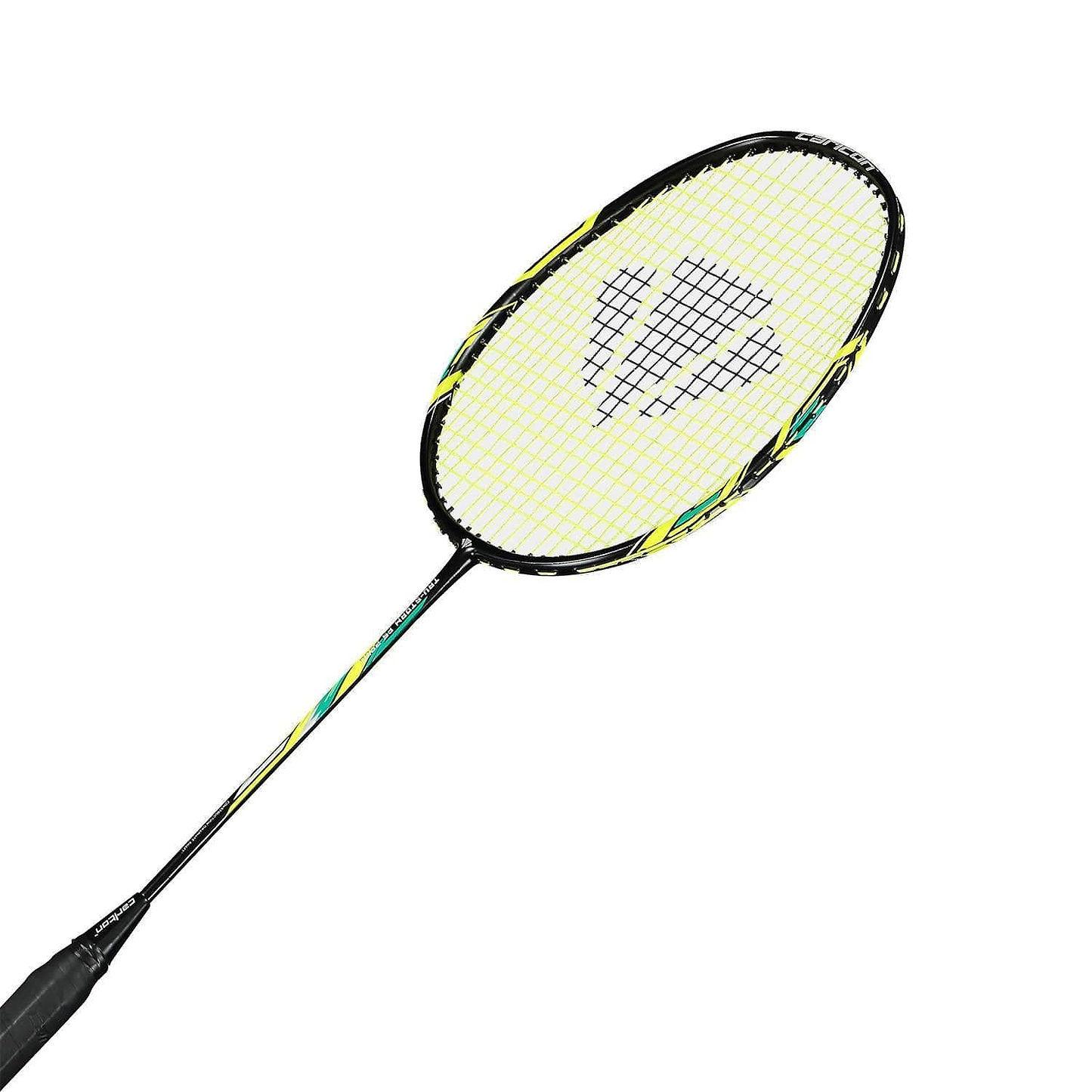 The Carlton Tru-Storm FS 2000 Badminton Racket by Carlton features a black and yellow frame, white strings, and a black handle, shown on a white background.