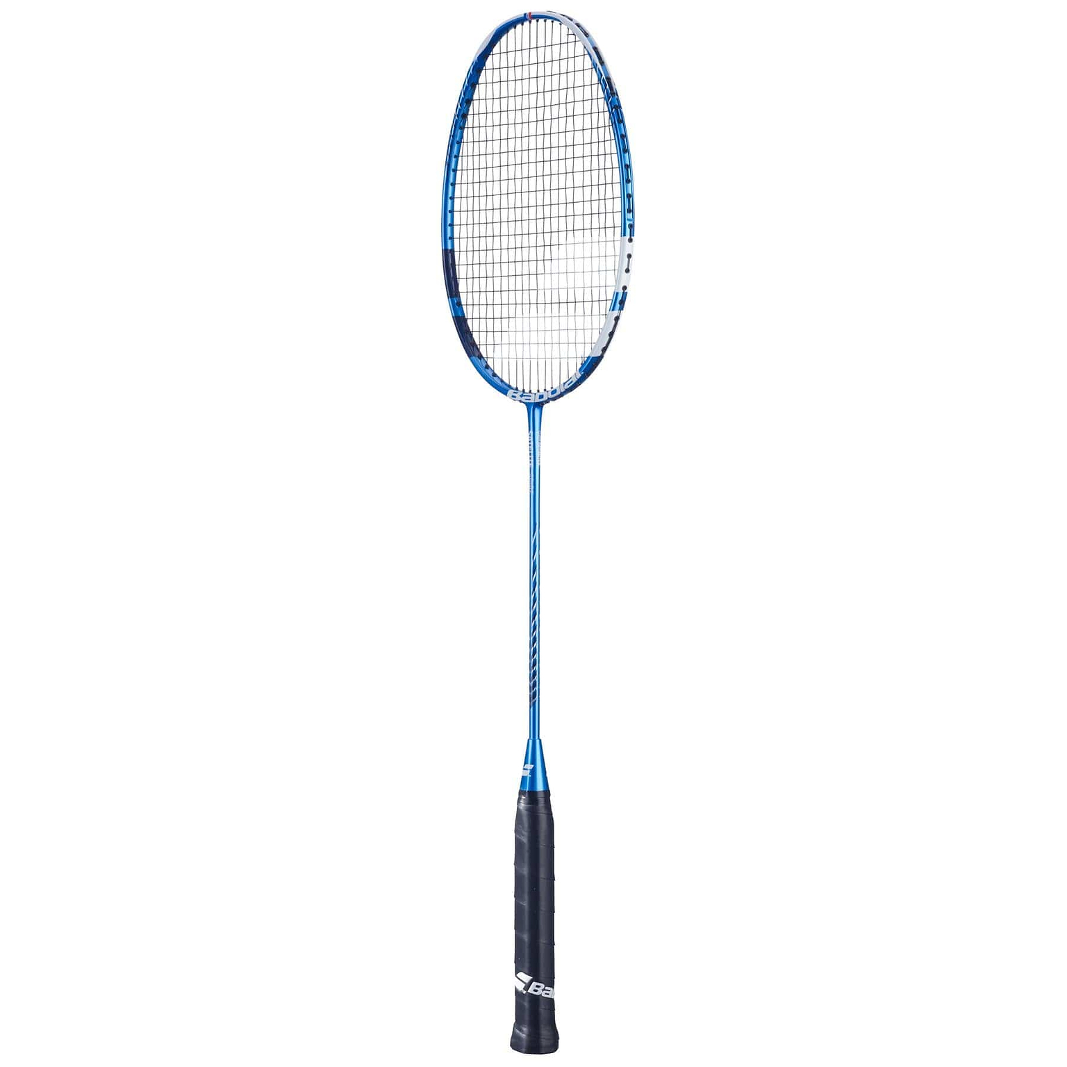 The Babolat Satelite Spire Badminton Racket in blue, crafted by Babolat, features a blue frame with white accents. It includes a netted oval head, a slim shaft, and Shot Optimizer technology to enhance performance. The racket's black handle comes with a textured grip for improved handling.
