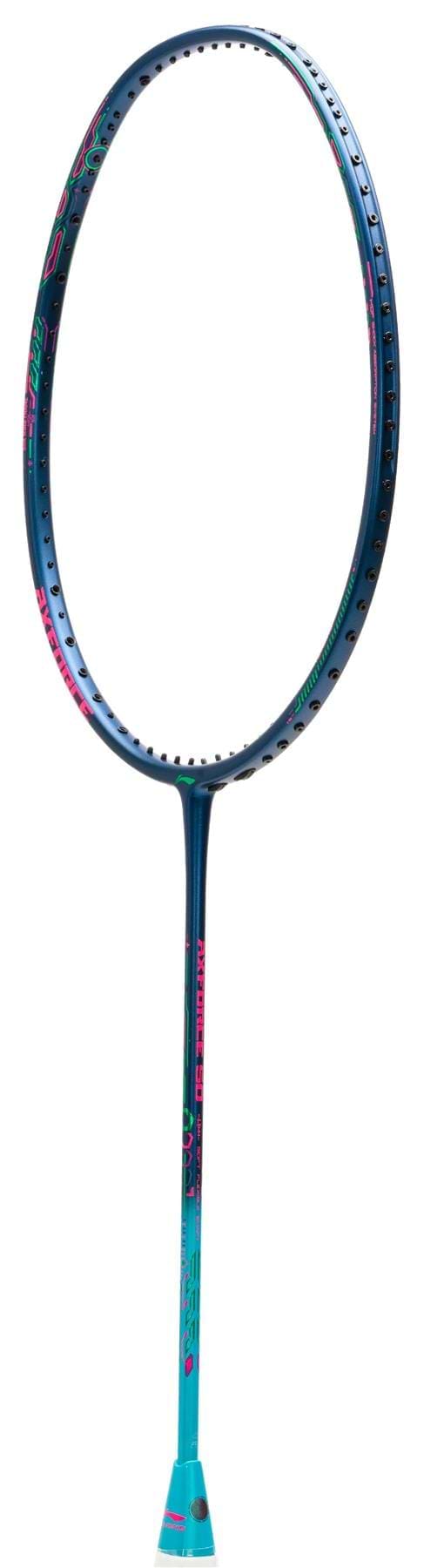 The Li-Ning Axforce 50 5U Badminton Racket in dark purple and blue features bright pink and green shaft and head accents, a stringless frame, and TB Nanotechnology for enhanced performance.