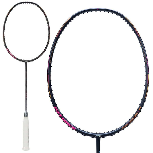 Two Li-Ning Axforce 80 3U Badminton Rackets in black are shown: one displays the white handle and dark frame, while the other is a close-up of the oval head with strings, featuring pink and orange details plus advanced Li-Ning technology.