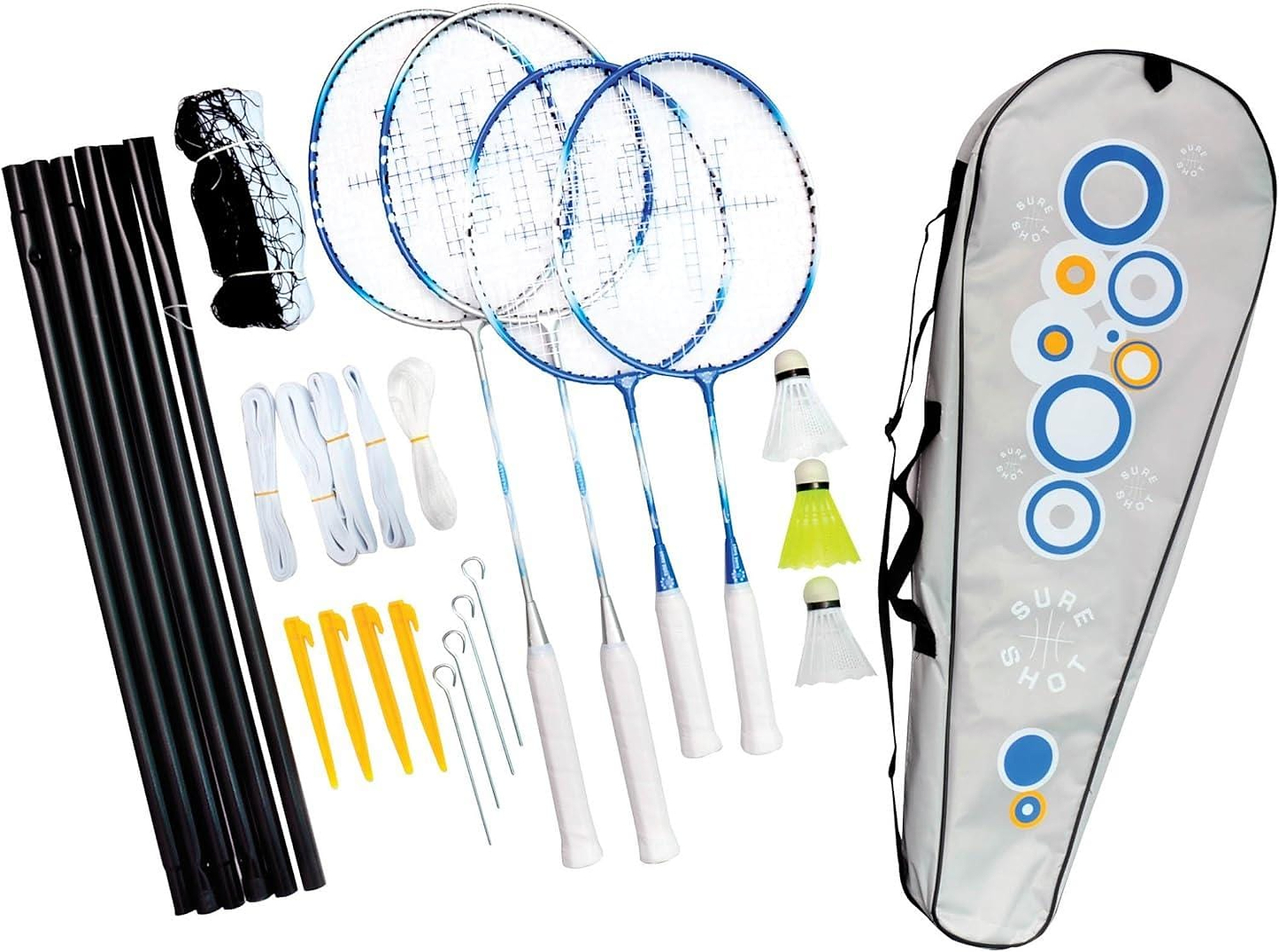 The Sure Shot Athens Family Badminton Racket & Net Set includes four tempered steel rackets, three shuttlecocks (two white, one yellow), a net, poles, stakes, and strings. It comes in a grey carrying case with colorful circles and flowers for a fun day out.