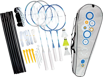 The Sure Shot Athens Family Badminton Racket & Net Set includes four tempered steel rackets, three shuttlecocks (two white, one yellow), a net, poles, stakes, and strings. It comes in a grey carrying case with colorful circles and flowers for a fun day out.