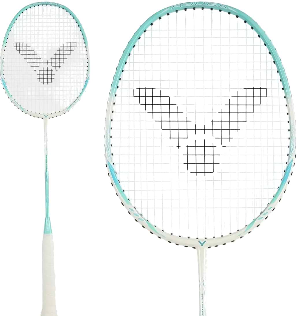 Two Victor Thruster Ryuga Sport R 3U badminton rackets by Victor, featuring green frames, are displayed against a plain white background—ideal for beginner to intermediate players.