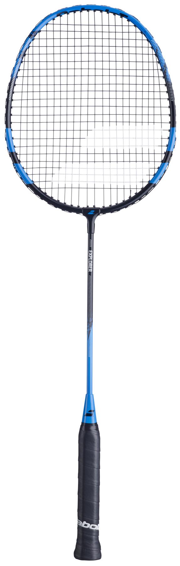 The Babolat Explorer 2026 Badminton Racket in blue and black, designed for beginners by Babolat, features a black grip and is built for easy power generation.
