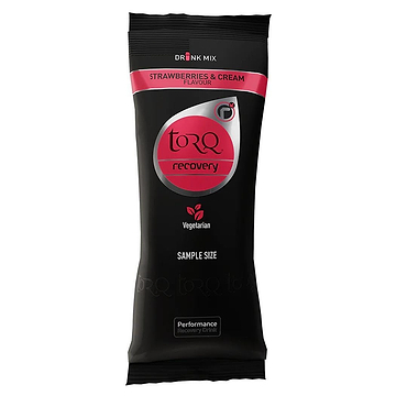 The packaging in black and red of the Torq Recovery Sachet 50g - Strawberries & Cream is a sample-sized, vegetarian-friendly beverage by Torq, crafted for post-exercise nutrition to efficiently replenish glycogen stores.