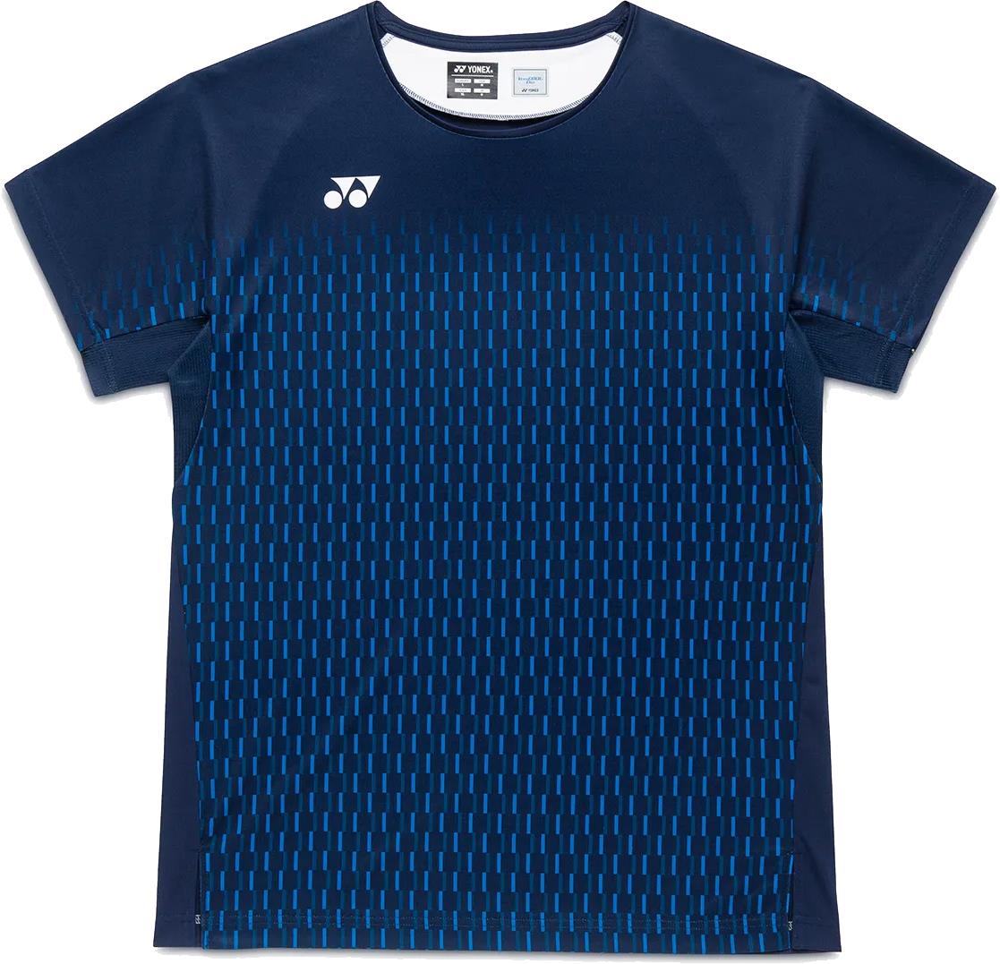 The Yonex 10713EX Crew Neck Men's Badminton T-Shirt in dark navy features a geometric blue front pattern, crew neck, moisture-wicking fabric, and a small white Yonex logo on the left chest.