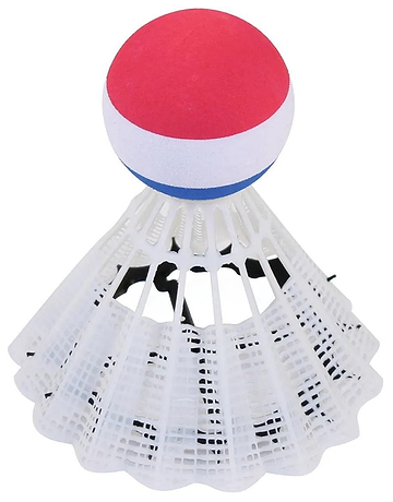 The Sure Shot Giant Badminton Shuttlecock by Sure Shot, with its red and white striped top and white plastic skirt, rests on its side against a plain background. It's an excellent tool for enhancing hand-eye coordination.