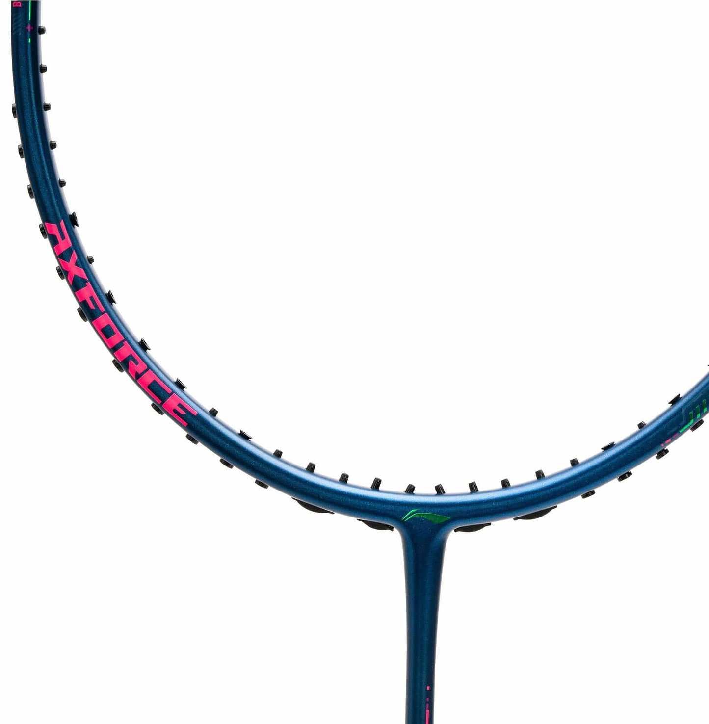 Close-up of the top half of a Li-Ning Axforce 50 5U Badminton Racket in dark purple/blue, with "AXFORCE" in pink on the left. The Box Wing Frame design is shown, and no strings are visible against the white background.