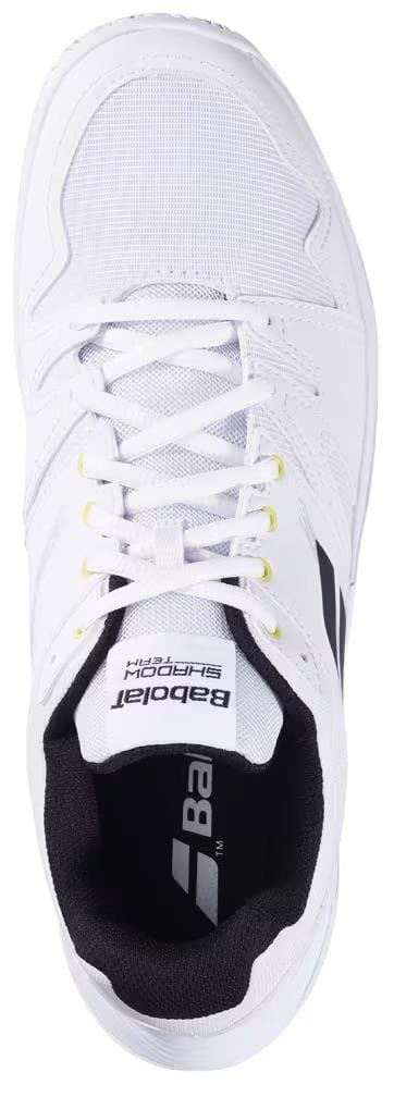 Top view of Babolat Shadow Team 2 Men's Badminton Shoes in White/White, featuring white laces, black interior lining, black side accents, and "Babolat" branding on the tongue—ideal for badminton.