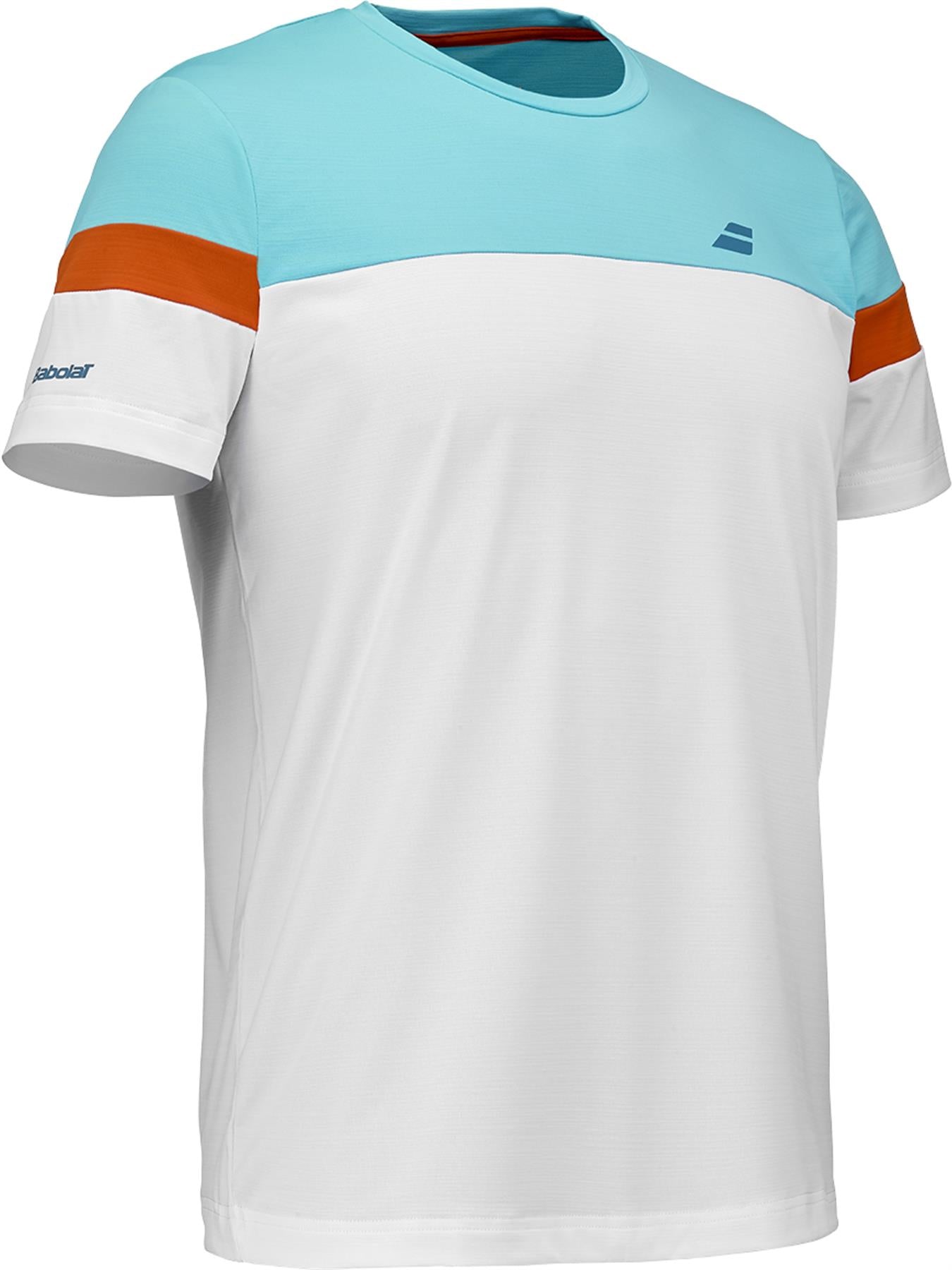 The Babolat Crew Neck Men's Badminton T-Shirt features a white body, light blue upper chest and shoulders, orange sleeve accents, and small Babolat logos on the chest and sleeve.