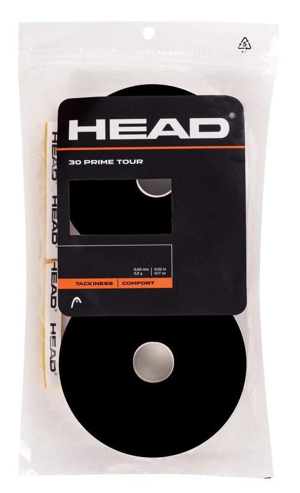 The HEAD Prime Tour Badminton Overgrip (30 Pack) in black is presented in a clear bag with orange and white branding, showcasing product details and logos, for enhanced feel during matches.