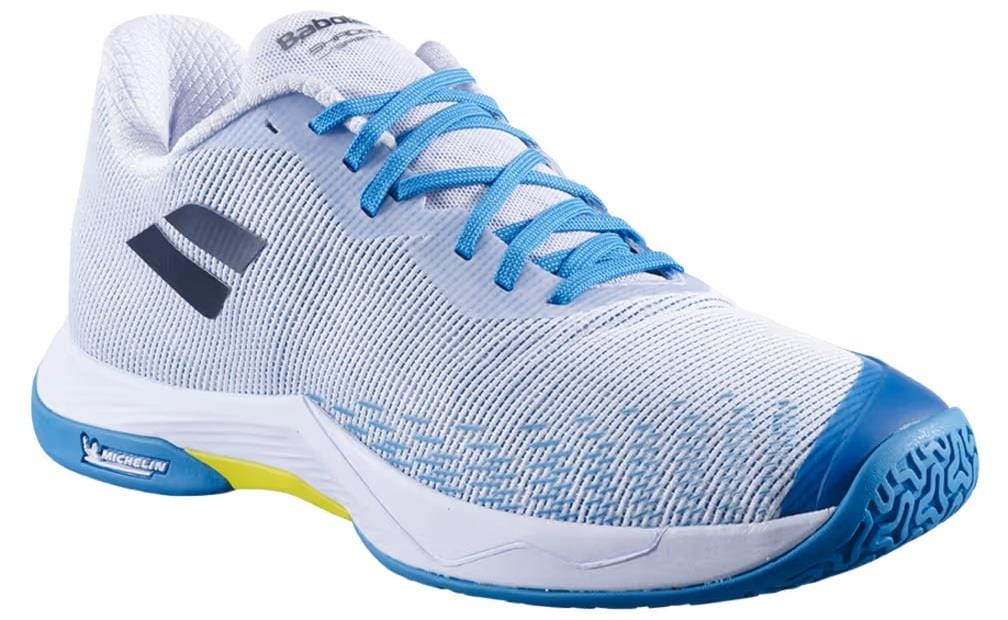 The Babolat Shadow Spirit 2 Men's Badminton Shoes in White/Algier Blue feature blue laces and accents, a black side logo, and a Michelin outsole for superior grip.