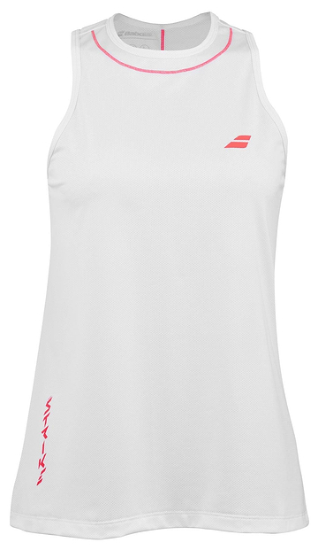 Introducing the Babolat Strike Women's Badminton Tank Top in white. This sleeveless design includes pink accents and is made from eco-friendly recycled polyester. It showcases a subtle logo on the left chest and artistic text along the left side.