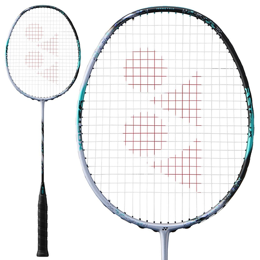 The Yonex Astrox 88S Pro 4U Gen 3 2024 badminton racket, perfect for aggressive players, features a striking silver and black design. Its head is equipped with red patterned strings utilizing isometric technology. The Yonex brand name stands out on the shaft, complemented by a black grip handle against a white background.