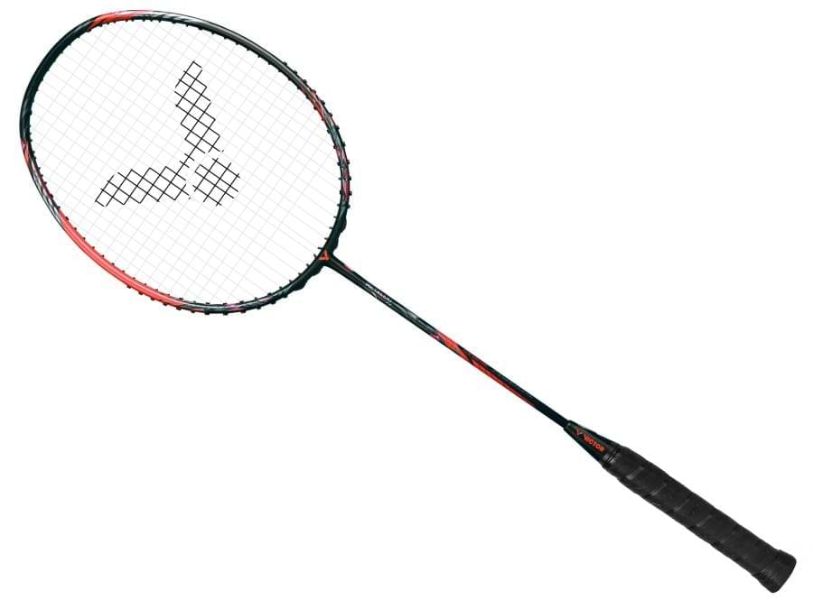 The Victor Thruster Ryuga Metallic C 3U Badminton Racket in black and red is designed with a sleek appearance, including a black handle and string pattern made from metallic carbon fibre to boost performance.