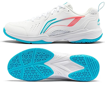 The Li-Ning Almighty V2.0 Unisex Badminton Shoes in White/Blue feature a textured blue and white sole for grip and flexibility, with a perforated upper and vibrant curved designs for style, as seen from the side and sole views.