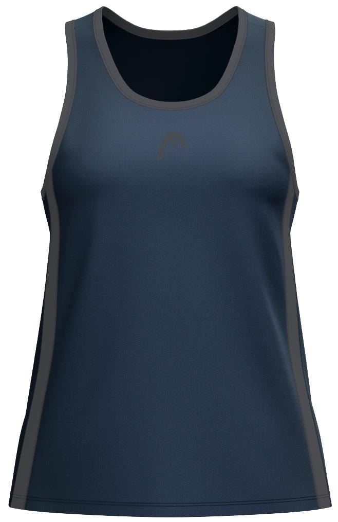The HEAD Club 25 Tech Women's Badminton Tank Top in navy features gray trim at the armholes and neckline, a subtle HEAD logo on the chest, and Moisture Transfer Microfiber to keep you dry during play.