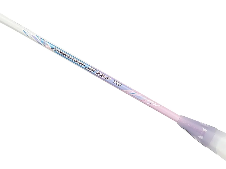 A close-up of the Victor Jetspeed S 12FTD T 4U Badminton Racket - Violet, showcasing its Aero-Sword frame design.