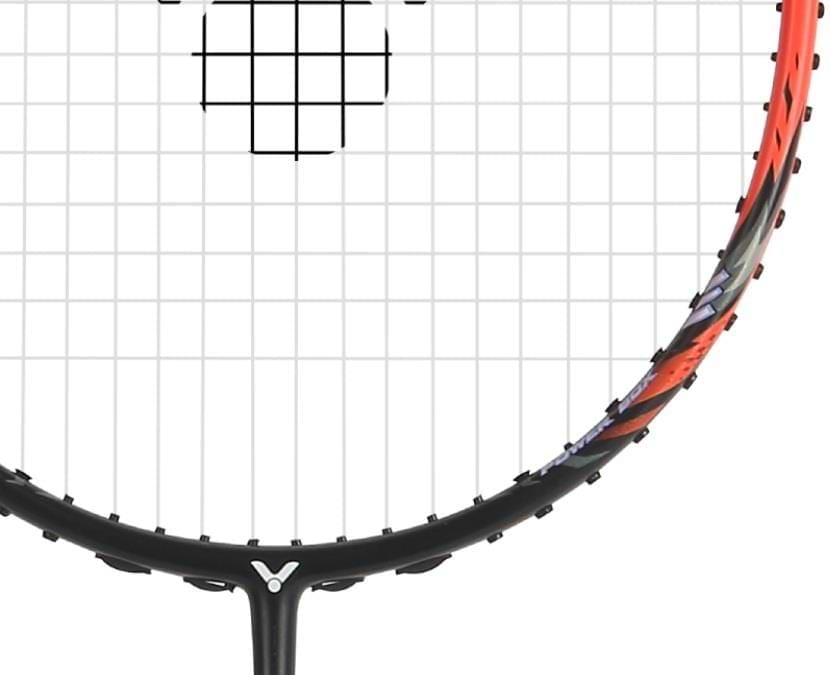 A close-up of the Victor Thruster Ryuga CLS C 4U badminton racket’s head in black/red, highlighting the strings, Power Box frame, and a distinctive “V” logo at the base.